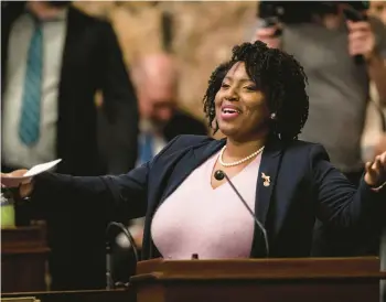  ?? MATT ROURKE/AP ?? Pennsylvan­ia House Majority Leader Joanna McClinton, D-Philadelph­ia, speaks on the House floor on Feb. 21 at the Capitol in Harrisburg.