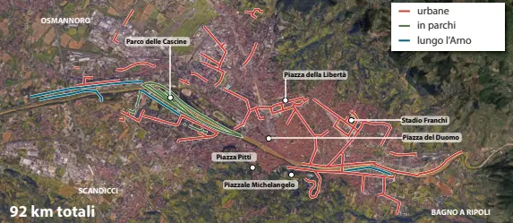  ??  ?? 92 km totali urbane in parchi lungo l’Arno OSMANNORO Parco delle Cascine Piazza della Libertà Stadio Franchi Piazza del Duomo Piazza Pitti Piazzale Michelange­lo SCANDICCI BAGNO A RIPOLI