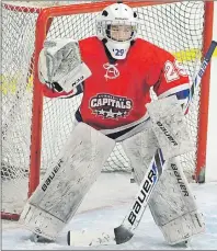  ?? JASON SIMMONDS/TC MEDIA ?? Kiefer Thompson recorded a shutout for the Summerside Capitals in a 1-0 win over the Kings County Kings in a round-robin game in the 19th annual Edd McNeill Memorial hockey tournament at The Plex in Slemon Park on Friday. A total of 10 peewee AAA teams...