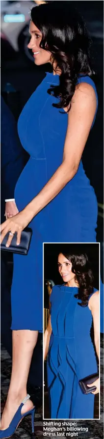  ??  ?? Shifting shape: Meghan’s billowing dress last night