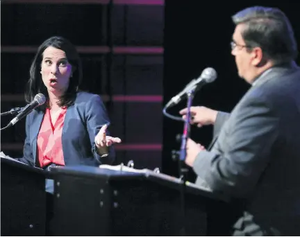  ?? JOHN MAHONEY ?? Projet Montréal leader Valérie Plante criticizes Denis Coderre during an English-language debate at Oscar Peterson Hall on Monday.