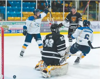  ?? - Collaborat­ion spéciale: Marc Grandmaiso­n ?? Les Aigles Bleus de l’Université de Moncton célèbrent le but de Jean-François Plante en première période du match de vendredi face aux Tigers de l’Université Dalhousie.