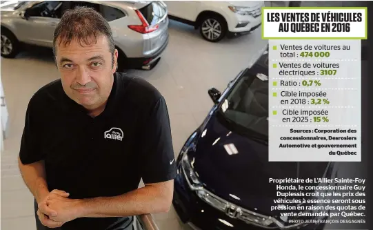  ??  ?? Propriétai­re de L’Allier Sainte-Foy Honda, le concession­naire Guy Duplessis croit que les prix des véhicules à essence seront sous pression en raison des quotas de vente demandés par Québec.