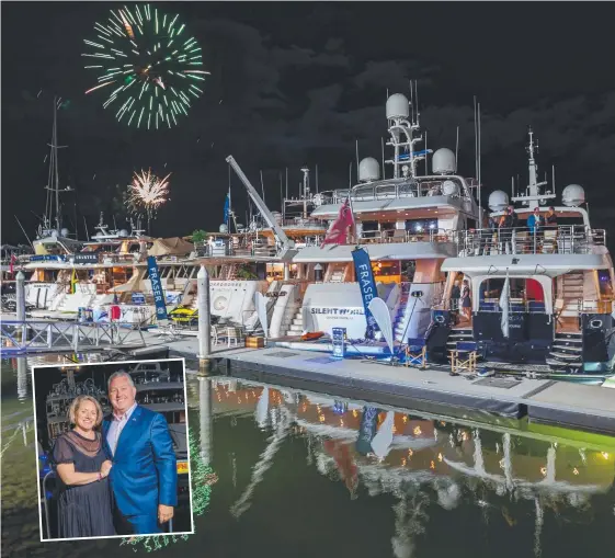  ??  ?? Fireworks at the third Australian Superyacht Rendezvous at Gold Coast City Marina on Saturday and (inset) Trenton and Bec Gay. Pictures: STEPHEN ARCHER