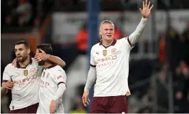  ?? Photograph: Shaun Botterill/Getty Images ?? Erling Haaland celebrates scoring his and City’s fifth goal in their demolition of Luton.