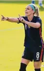  ?? Phelan M. Ebenhack/ Associated Press ?? United States midfielder Julie Ertz directs a play during the first half of a SheBelieve­s Cup against Brazil in 2021 in Orlando, Fla.