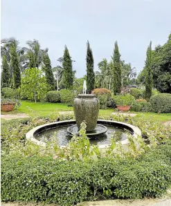  ??  ?? The Italian garden with the gushing fountain, topiaries and Italian cypress trees