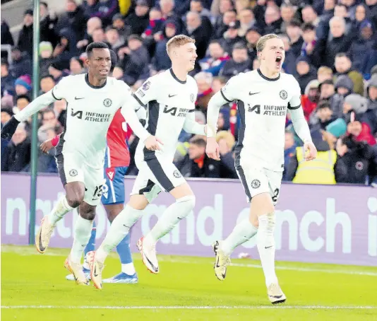  ?? AP ?? Chelsea’s Conor Gallagher (right) celebrates with teammates after scoring his side’s first goal of the game, during the English Premier League match between Crystal Palace and Chelsea, at Selhurst Park, in London yesterday.