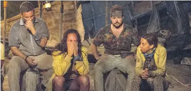  ?? JEFFREY NEIRA/CBS ?? Contestant­s Jeff Varner, left, Sarah Lacina, Zeke Smith and Debbie Wanner are seen at the Tribal Council portion of Wednesday’s Survivor: Game Changers. Varner outed Smith as transgende­r in the episode.