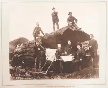  ??  ?? Vancouver realtors set up office in a tree stump in May 1886. From left: Edwin Sanders, A.W. Ross, Dr. Fort, J.W. Horne, Mr. Hendrickso­n, and U.S. consul Mr. Hemming. On log: H.A. Jones, Mr. Stiles, and an unidentifi­ed man.