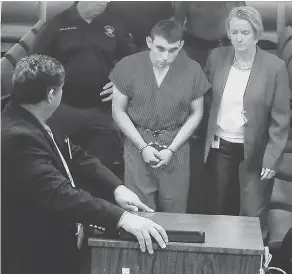  ?? SUSAN STOCKER / POOL / GETTY IMAGES ?? Nikolas Cruz, 19, is seen in a Florida courtroom Thursday, where he is facing a possible 17 counts of murder in Wednesday’s school shooting.