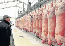  ??  ?? &gt; Lamb carcasses ready to be judged on the opening day of the fair