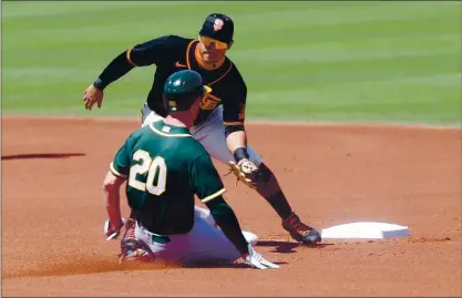  ?? PHOTOS BY JOHN MEDINA ?? Giants second baseman Donovan Solano tags out Athletics outfielder Mark Canha as he tries to steal second. The A’s won 9-3.