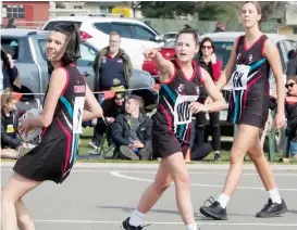  ??  ?? Taking the court for Warragul in the B grade final on Sunday are (from left) Madeleine Stevenson, Grace Cant and Grace Radford.