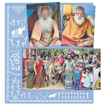  ?? PHOTO: GAYATRI JAYARAMAN; ILLUSTRTIO­N: MOHIT SUNEJA ?? Top (left) Perumal and his brother Govindan (right), the patriarchs of the nomadic clan. The community wanders the region with their fortunetel­ling animals. (Above) Perisami and members of his clan along with Maheshwari and Rajangam Raja of the Tent Society.