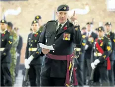  ?? JULIE JOCSAK/POSTMEDIA NEWS ?? Incoming commanding officer Lt.-Col. Christophe­r Cincio addresses the Lincoln and Welland Regiment and a crowd during the change of command ceremony for the Lincoln and Welland Regiment at the armoury on Lake Street in St. Catharines on Saturday.