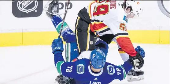  ?? THE CANADIAN PRESS ?? Flames prospect Dillon Dube bowls over Kole Lind of the Canucks during exhibition play in Vancouver. Dube has grabbed his fair share of the limelight in training camp.