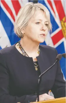  ?? DON CRAIG/ PROVINCE OF BRITISH COLUMBIA ?? Provincial health officer Dr. Bonnie Henry says 2,077 new cases of COVID-19 were reported between noon Friday and noon Monday, along with a record 46 deaths.