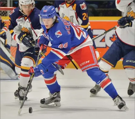  ?? TERRY WILSON, OHL IMAGES ?? German import Cedric Schiemenz had a strong training camp and showed flashes of potential as a rookie but lacked the consistenc­y required. He was primarily used on the Ontario Hockey League team’s fourth line and was a healthy scratch at times this past season.