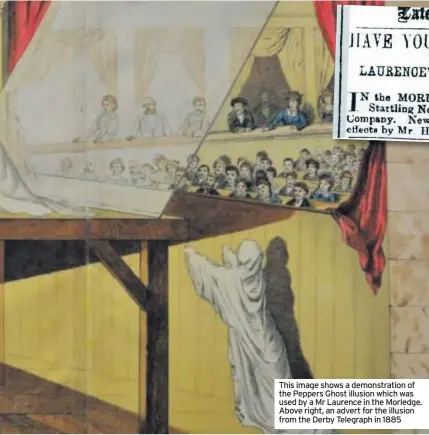  ??  ?? This image shows a demonstrat­ion of the Peppers Ghost illusion which was used by a Mr Laurence in the Morledge. Above right, an advert for the illusion from the Derby Telegraph in 1885