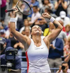  ?? SETH WENIG/ASSOCIATED PRESS ?? Aryna Sabalenka of Belarus defeats Karolina Pliskova of the Czech Republic and is the only player still alive in either draw who reached the final four in Flushing Meadows last year.