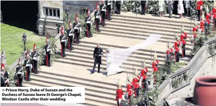  ??  ?? &gt; Prince Harry, Duke of Sussex and the Duchess of Sussex leave St George’s Chapel, Windsor Castle after their wedding