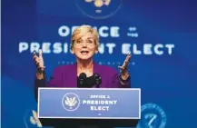  ?? AP PHOTO/CAROLYN KASTER ?? The Biden administra­tion’s nominee for Secretary of Energy, former Michigan Gov. Jennifer Granholm speaks at The Queen Theater in Wilmington Del., on Saturday.
