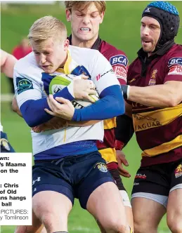  ?? PICTURES: Lissy Tomlinson ?? Head down: Ampthill’s Maama Molitika on the charge It’s mine: Chris Surman of Old Elthamians hangs onto the ball