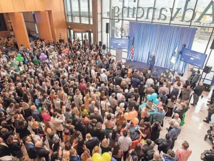  ?? PHOTOS BY RICK CINCLAIR/TELEGRAM & GAZETTE ?? Dr. Michael F. Collins, chancellor of the UMass Chan Medical School, addresses the audience Friday on Match Day.