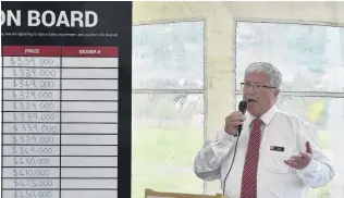  ?? PHOTOS: GREGOR RICHARDSON ?? Under way . . . Auctioneer Ray Kean gets the ball rolling at a blackboard auction for 39 properties at Heathfield, Mosgiel, at the weekend.