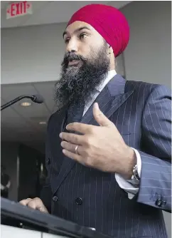 ?? DARRYL DYCK / THE CANADIAN PRESS ?? NDP Leader Jagmeet Singh speaks with the press at the start of a three-day NDP strategy session on Tuesday.