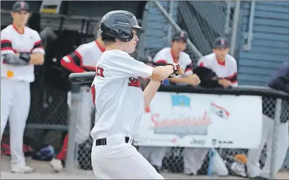  ?? JASON SIMMONDS/JOURNAL PIONEER ?? Dylan McCormack of the Summerside Chevys focuses on a pitch during Thursday night’s round-robin game against Saskatchew­an at the Baseball Canada national 15-under championsh­ip at Queen Elizabeth Park in Summerside. Summerside won the game 9-4.