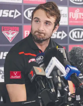  ?? TEARFUL: Jobe Watson announces his retirement. Picture: ALEX COPPEL ??