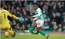  ??  ?? Celtic’s Jeremie Frimpong scores their opening goal during Sunday’s 2-0 win against Hibernian at Parkhead. Photograph: Steve Welsh/PA