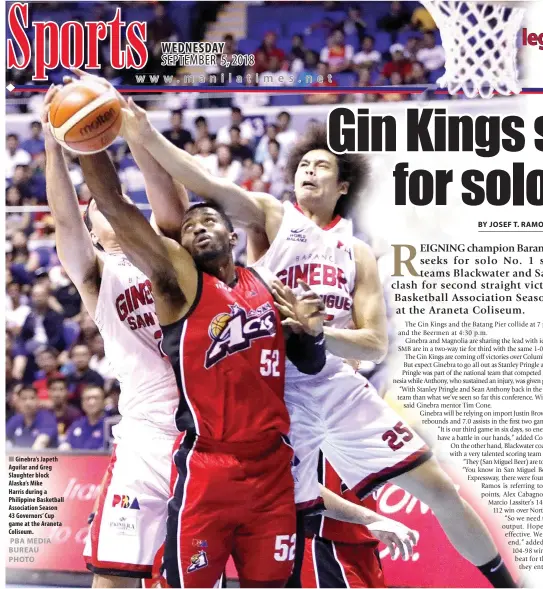  ??  ?? Ginebra’s Japeth Aguilar and Greg Slaughter block Alaska’s Mike Harris during a Philippine Basketball Associatio­n Season 43 Governors’ Cup game at the Araneta Coliseum.