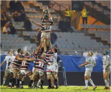  ??  ?? COLOMBES: Leicester Tigers’ Graham Kitchener, top, catches the ball on a line out on top of Racing Metro’s players during their European Rugby Champions Cup match at Yves Du Manoir Stadium in Colombes, north of Paris, France, Saturday. — AP
