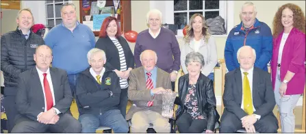  ?? (Pic: P O’Dwyer) ?? Patsy O’Mahony, Kilworth who was awarded the Hall of Fame award by Avondhu GAA in December 2019. His induction into the Avondhu GAA Hall of Fame was celebrated last Friday night in Kilworth Community Centre. Pictured are Patsy and Sheila O’Mahony (front centre) accepting an award, in the presence of, front: John Heggtveit, chairman Kilworth GAA; Arthur O’Keeffe, Avondhu GAA Board Chair and Barry Ahern, Cultural Officer; back l-r: Kilworth GAA Club representa­tives Mike Walsh (asst. treasurer), Liam Kenny (vice chairman), Mairead Lynch (committee), John Twomey (Avondhu Board rep.), Ber Wheeler (committee), John O’Connor (committee) and Michelle O’Keeffe (asst. PRO).