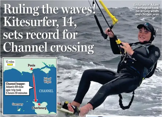  ??  ?? Endurance: Adam Farrington took on strong winds and choppy seas