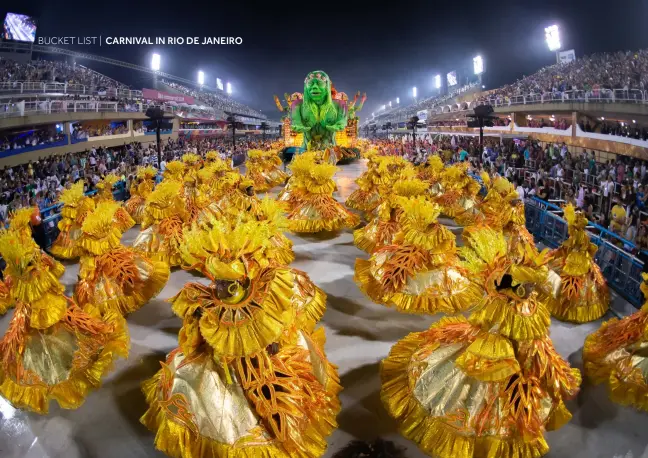  ?? PHOTO: © CELSO PUPO RODRIGUES | DREAMSTIME .COM, © PHOTOSVIT | DREAMSTIME.COM, © LEANNEVORR­IAS | DREAMSTIME.COM, © KING HO YIM | DREAMSTIME.COM ?? Spectacula­r Sparkle: (Left to right)
Unidos de Bangu at Sambódromo, a carnival dancer in costume, samba school parade float at Sambódromo, and samba dances at Rio Carnival