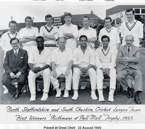  ??  ?? The North Staffs and South Cheshire League team. Back row: Paul Shardlow, Brian Griffiths, Gerry Hardstaff, Peter Harvey, John Broad, Barry Coates, Stuart Wood. Front row: Doug Scholfield (secretary), Wes Hall, Dennis Cox, Gary Sobers, Nasim-ul-ghani,
Jev Toney (chairman).