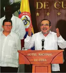  ?? AFP ?? The head of Colombia’s FARC guerrillas, Timoleon Jimenez, aka ‘Timochenko’ (centre), speaks during a press conference with other members of his delegation in Havana on Sunday.