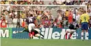  ?? Photograph: Colorsport/Shuttersto­ck ?? John Collins equalises from the penalty spot against Brazil in the opening game of the 1998 World Cup at the Stade de France.