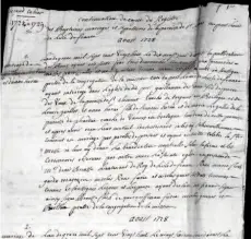  ??  ?? Le premier acte enregistré figurant sur le site a été établi le 19 août 1728 dans la commune de Port- Louis. C’est l’acte de mariage entre Guillaume Des Baux et Louise Guillot, tous deux originaire­s de Bretagne, qui se sont mariés dans la paroisse de...