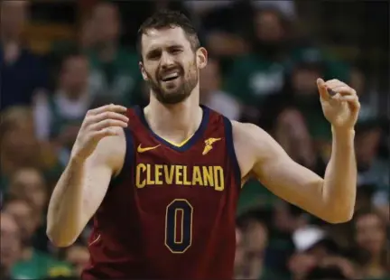  ?? MICHAEL DWYER — THE ASSOCIATED PRESS ?? Kevin Love expresses frustratio­n during the third quarter against the Celtics on May 13 in Boston.