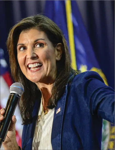  ?? KRISTOPHER RADDER — THE BRATTLEBOR­O REFORMER VIA AP ?? Republican presidenti­al hopeful Nikki Haley speaks at a Town Hall event in New Hampshire earlier this month.