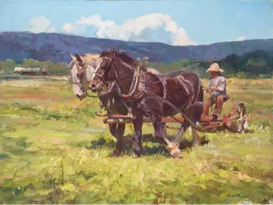  ??  ?? Grant Redden, Mowing Hay, oil on linen mounted on panel, 18 x 24”