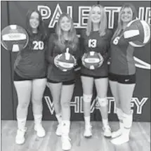  ?? Submitted Photo ?? Palestine-Wheatley opened Class 2A state volleyball tournament play today taking on Marshall at Mansfield, led by four all-conference players, two all-state players and one allstar game nominee. The four all-conference selections, from left, are: Brianna Parson, Izzy Carden, Alli Holman and Anna French. Carden and French were also named to the all-state team, and French was the all-star game nominee, along with head coach Stefani Watters, who was nominated for the all-star coaching staff.