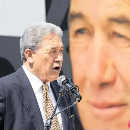  ?? Photo / Brett Phibbs ?? Winston Peters speaks at Aotea Square in Auckland yesterday, emphasisin­g coalition Government successes.