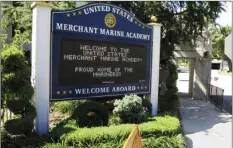  ??  ?? In this Sept. 13, 2016, file photo, a sign welcomes visitors at the entrance to the U.S. Merchant Marine Academy in Kings Point, N.Y. Seven suspended men’s soccer players at the U.S. Merchant Marine Academy will face campus disciplina­ry hearings over...