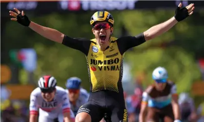  ??  ?? Wout van Aert celebrates his stage win on what could prove a pivotal stage in the race for the yellow jersey. Photograph: Tim de Waele/ Getty Images